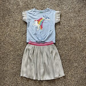 Girls Sz 7/8 365 Kids by Garanimals 2 Piece set Shirt Pleated Skirt Silver Blue